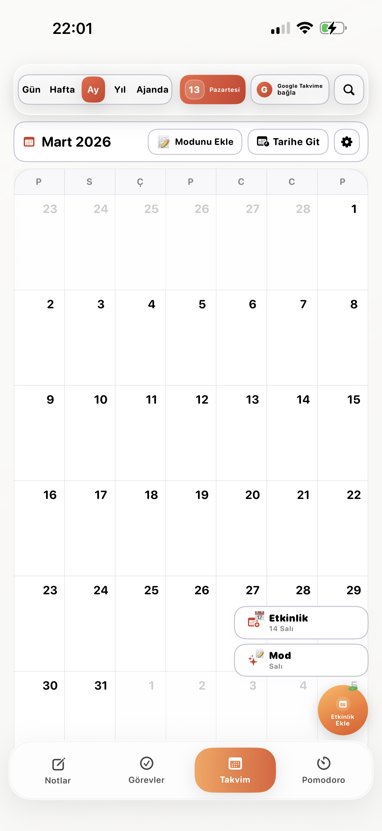 Saatlik Ajanda Görünümü